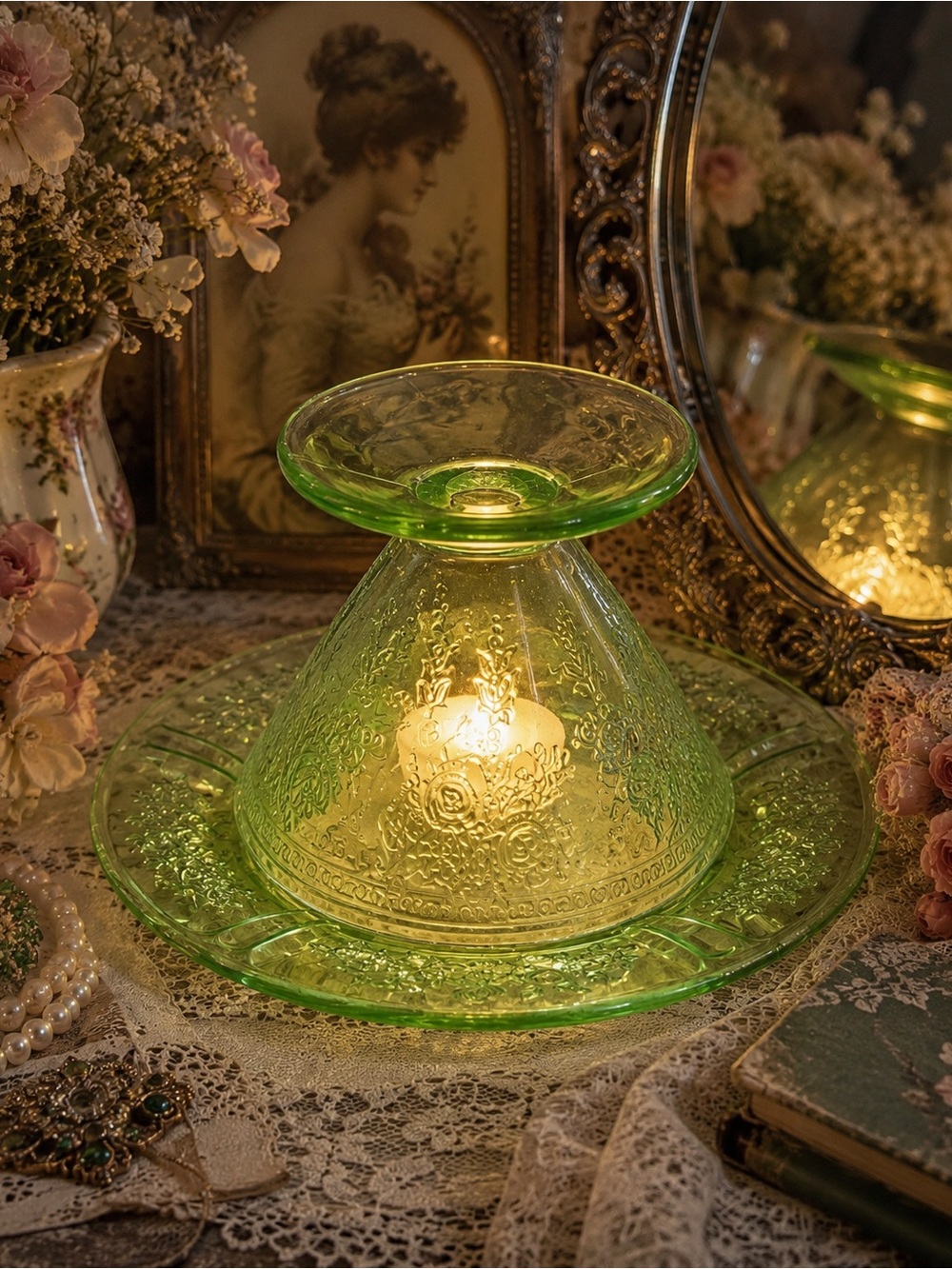 Belmont Rose Green Uranium Depression Glass| Vintage Dessert Plate & Sherbet Cup